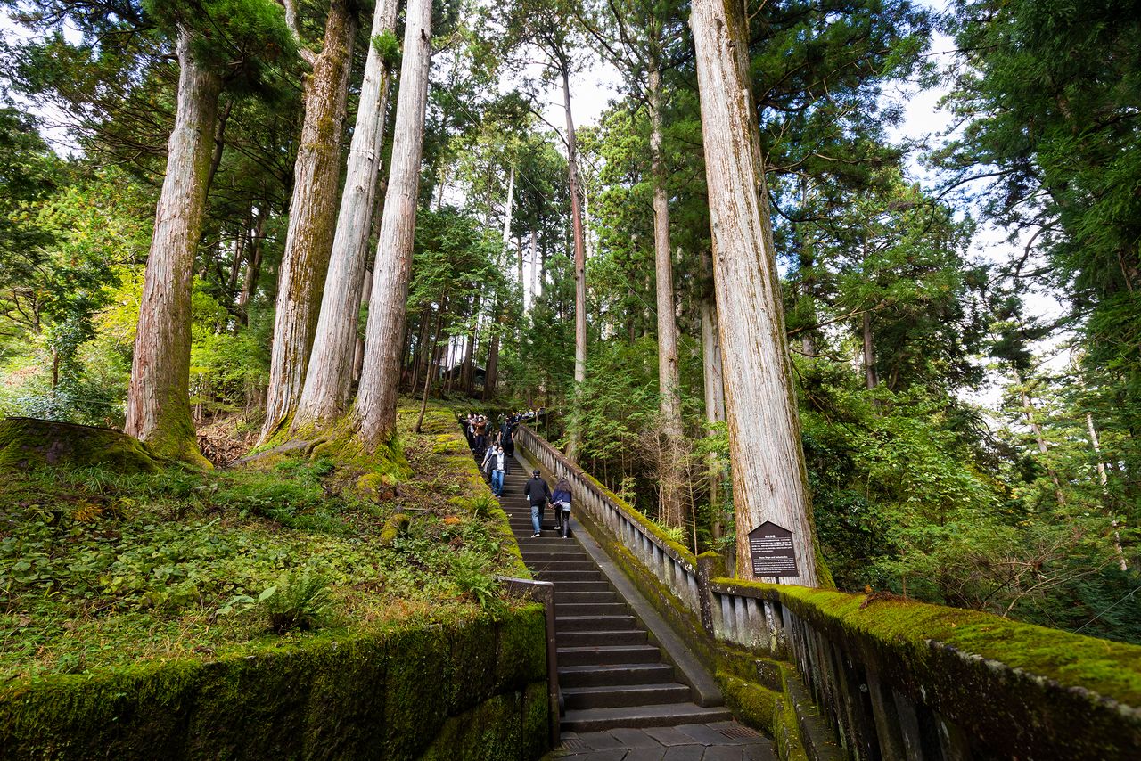 A hush envelops the path leading to the okumiya. Each of the 207 steps to the summit is fashioned from a single stone.