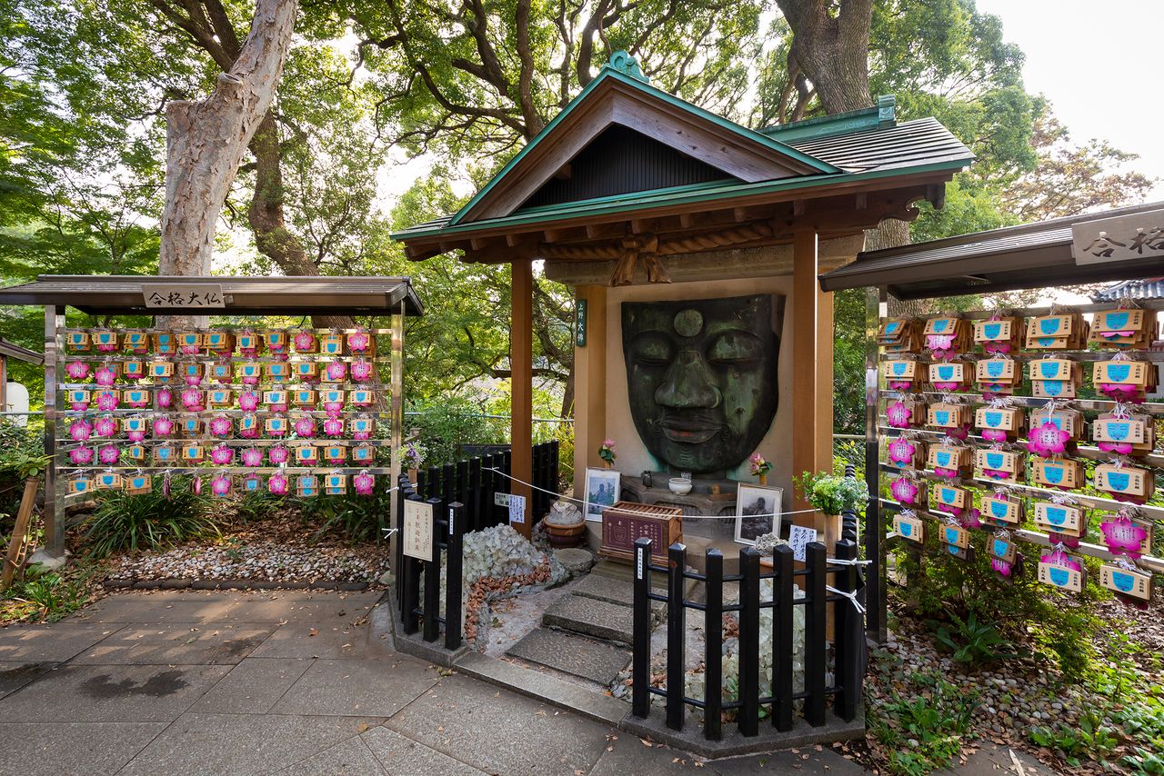 Only the Great Buddha’s face remains today, surrounded by ema votive placards left by students hoping for exam success. Many return to hang placards with a cherry blossom motif once their prayers are answered.