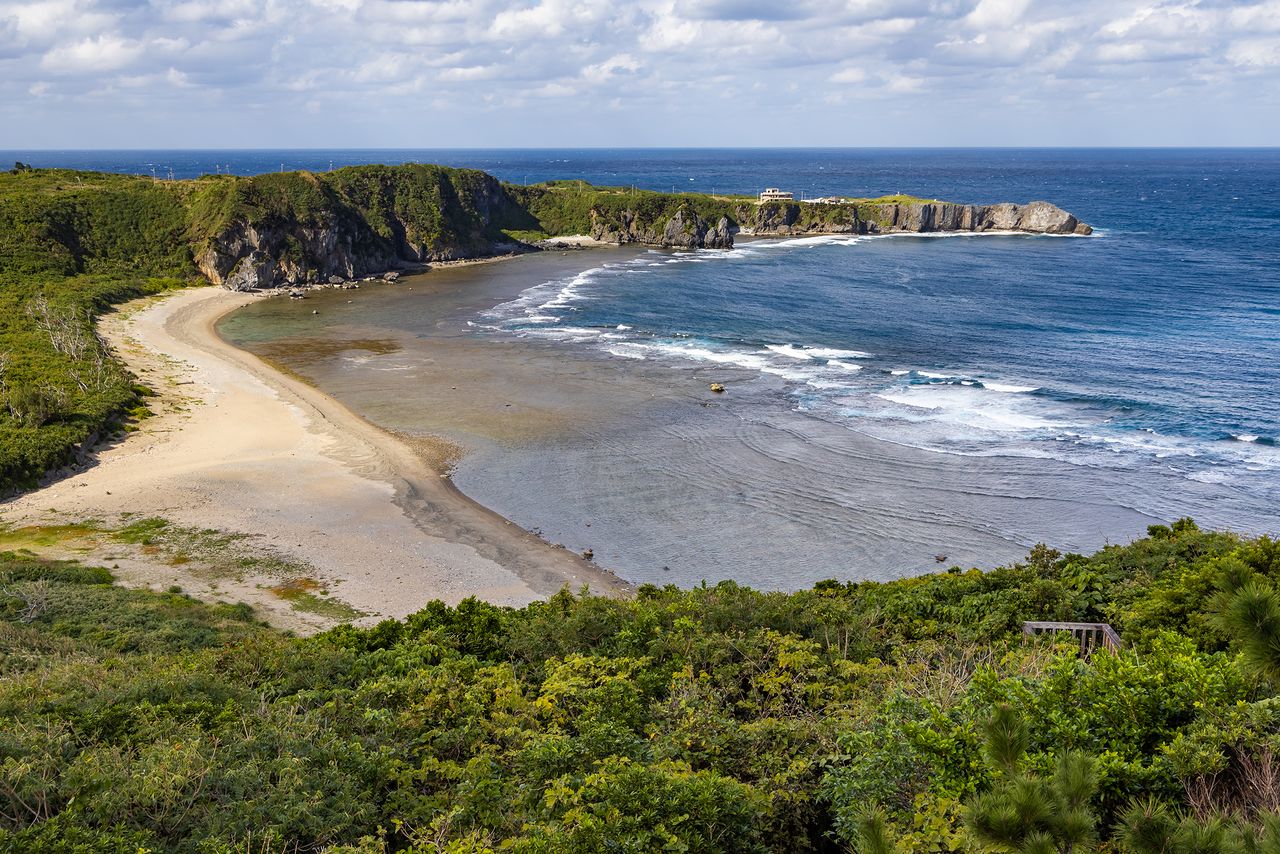 The view of Cape Hedo from the Yanbarukuina Lookout. Uzahama beach in the foreground is a popular spot.