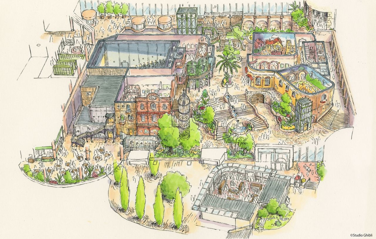 Artist’s impression of Ghibli’s Grand Warehouse after completion. A outdoor cafe is also under construction. (© Studio Ghibli)