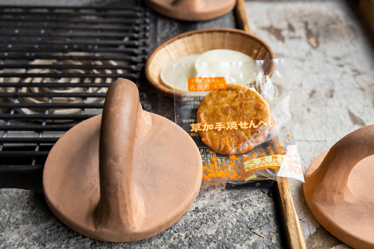 Finished senbei can be eaten in a dedicated spot outside the store or taken home to enjoy later.