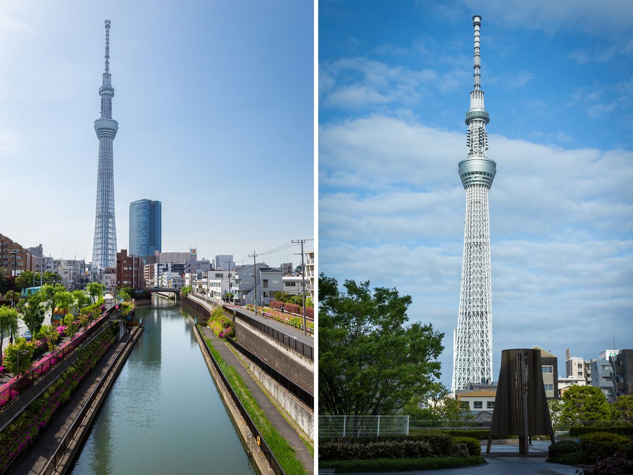 At left, the Skytree appears symmetrical when viewed from the Yanagishima pedestrian bridge over the Kitajukken River, but looks broader at the base and seems to lean to the right when seen from the Sumida municipal office.
