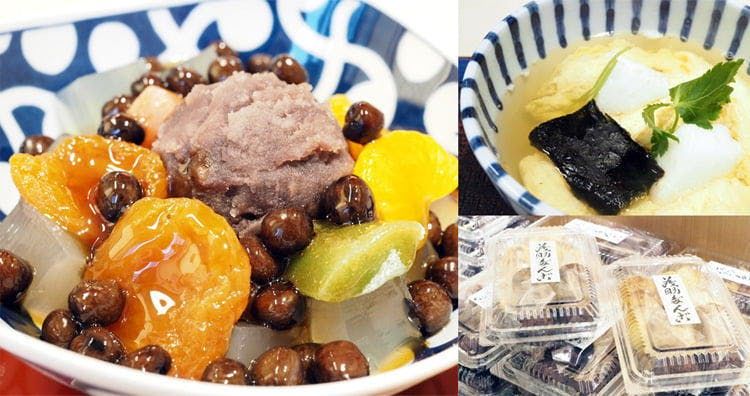 Clockwise from left: Mosuke Dango’s anmitsu dessert includes sweet bean paste and beans and fruit in a sugary syrup (¥621); the tamazō dish features egg, hanpen fish-paste cake, and grilled mochi rice cake in a seafood broth (¥650); packages of sweet treats are ready to be taken home for later. (All prices include consumption tax.)