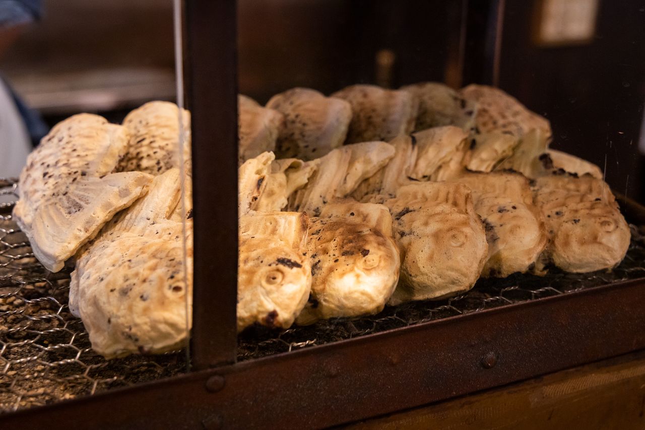 Perfectly grilled taiyaki await customers. Prepared individually, each is slightly different than its neighbors.