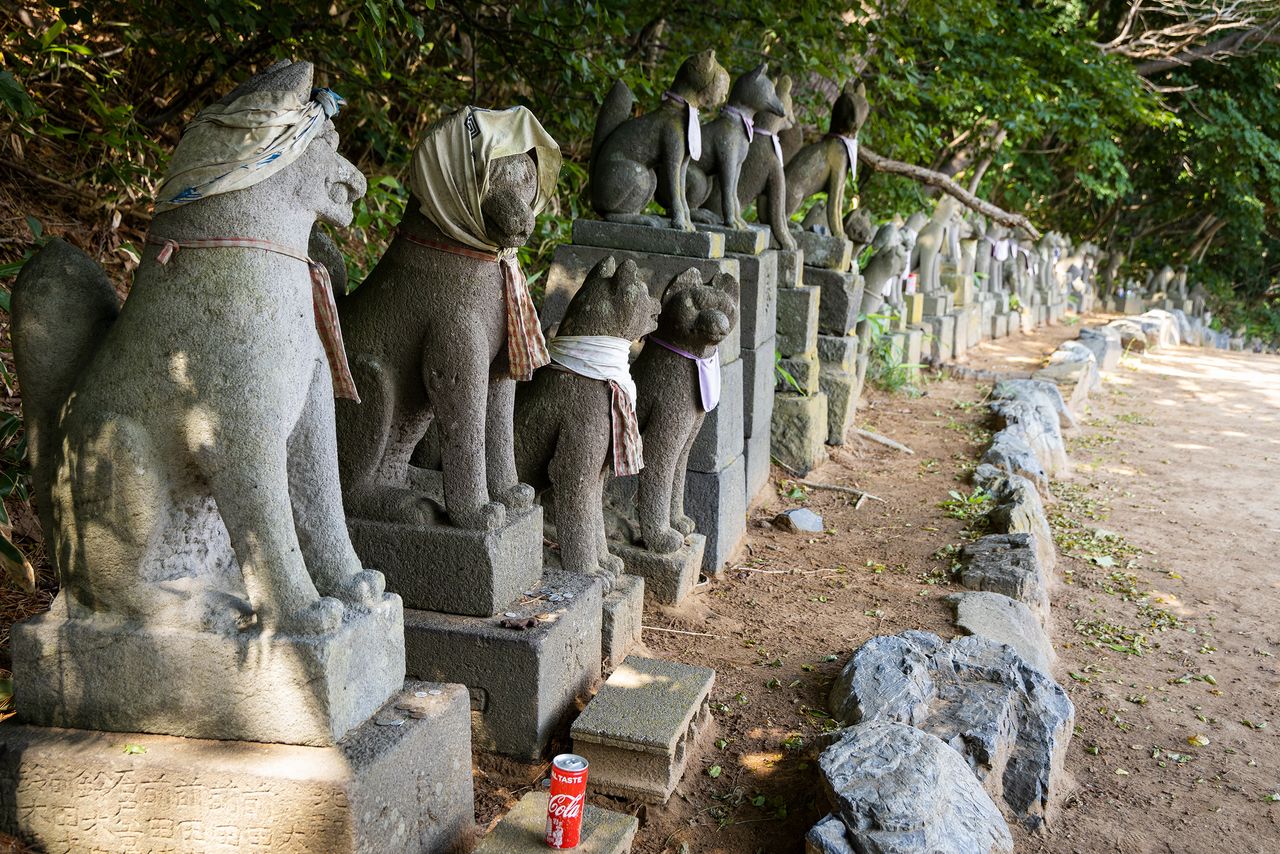 Careful observation reveals the different features of the shrine’s many stone foxes.