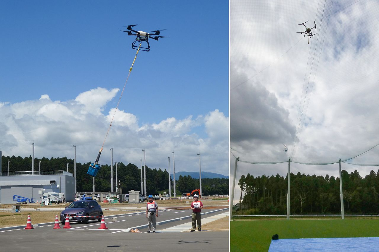Staff from Tokyo Metropolitan Bokutoh Hospital use an unmanned aerial vehicle to simulate the transportation of blood for transfusion (left) and drop a blood pack in the enclosed testing range (right). (© Fukushima Robot Test Field)