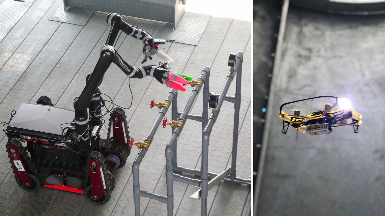 The University of Aizu’s Spider probe, at left, attempts to operate valves in the test plant. At right, a miniature facility-inspection drone named IBIS manufactured by Liberaware flies around taking footage. (© Fukushima Robot Test Field)