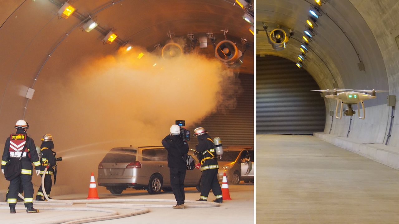 In February 2020, the RTF hosted a firefighting drill, shown at left. At right, a Wiz drone inspects the facility in December 2019. (© Fukushima Robot Test Field)