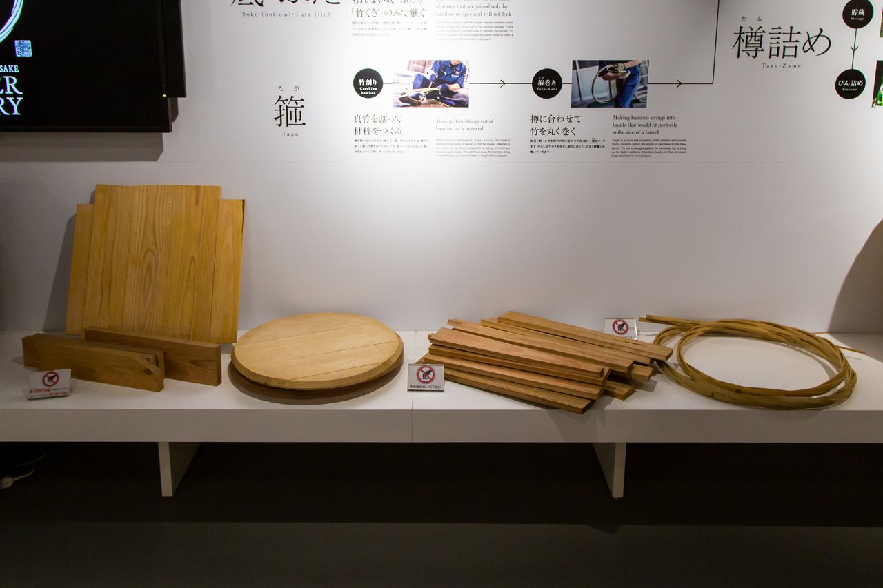 From left, pieces prior to assembly: barrel bottom, lid, staves, wedges, and hoops.