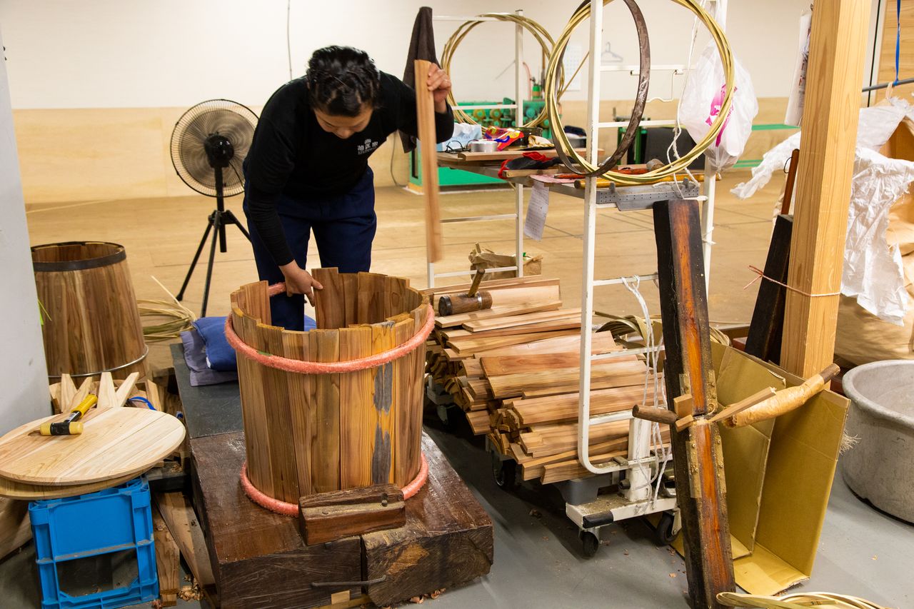 Selecting the staves and wedges and putting them together is like assembling a puzzle. The task can take up to an hour for someone with no previous experience.