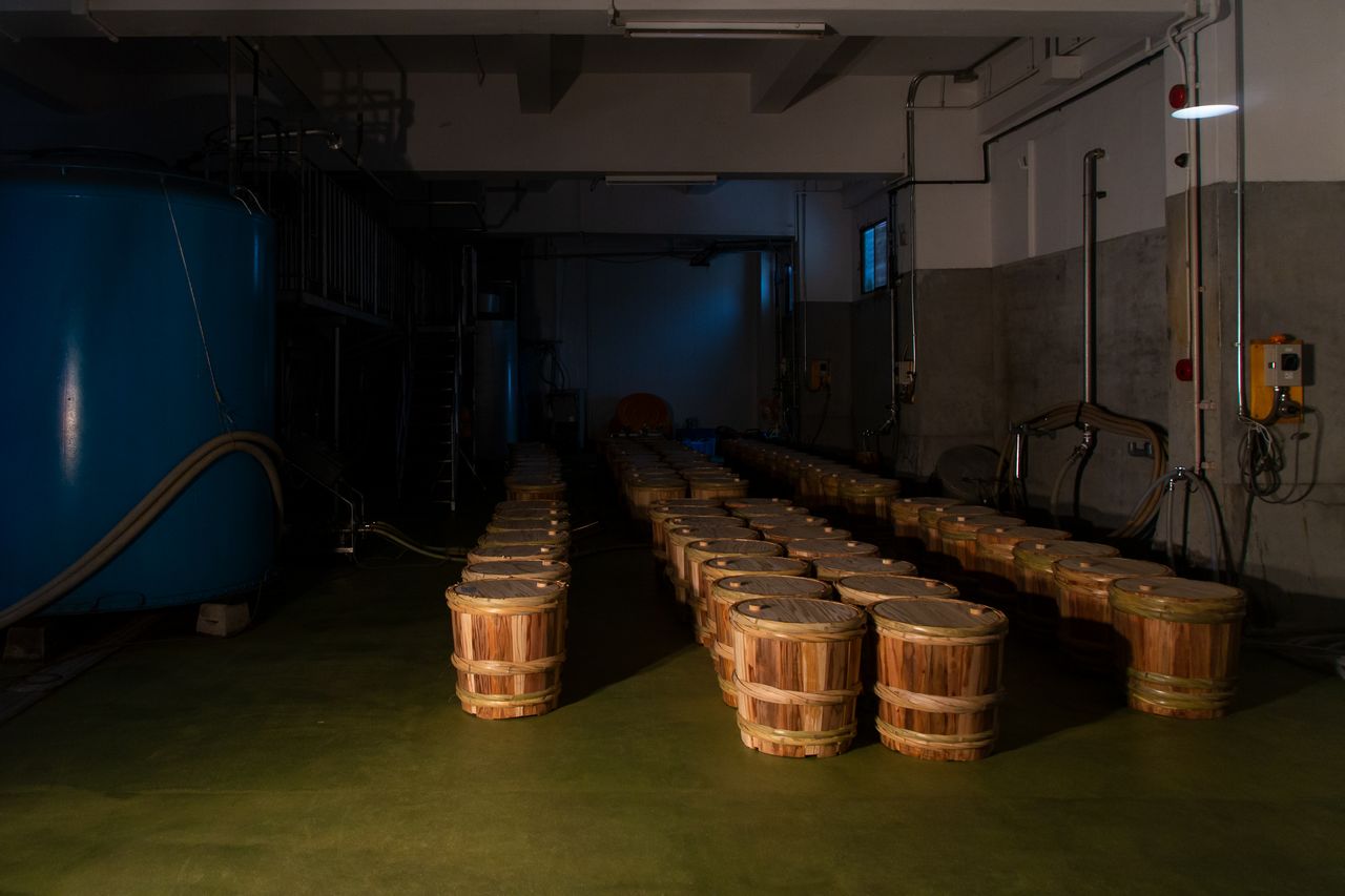 Factory visitors can view barrels imparting their cedar scent to the sake before bottling.