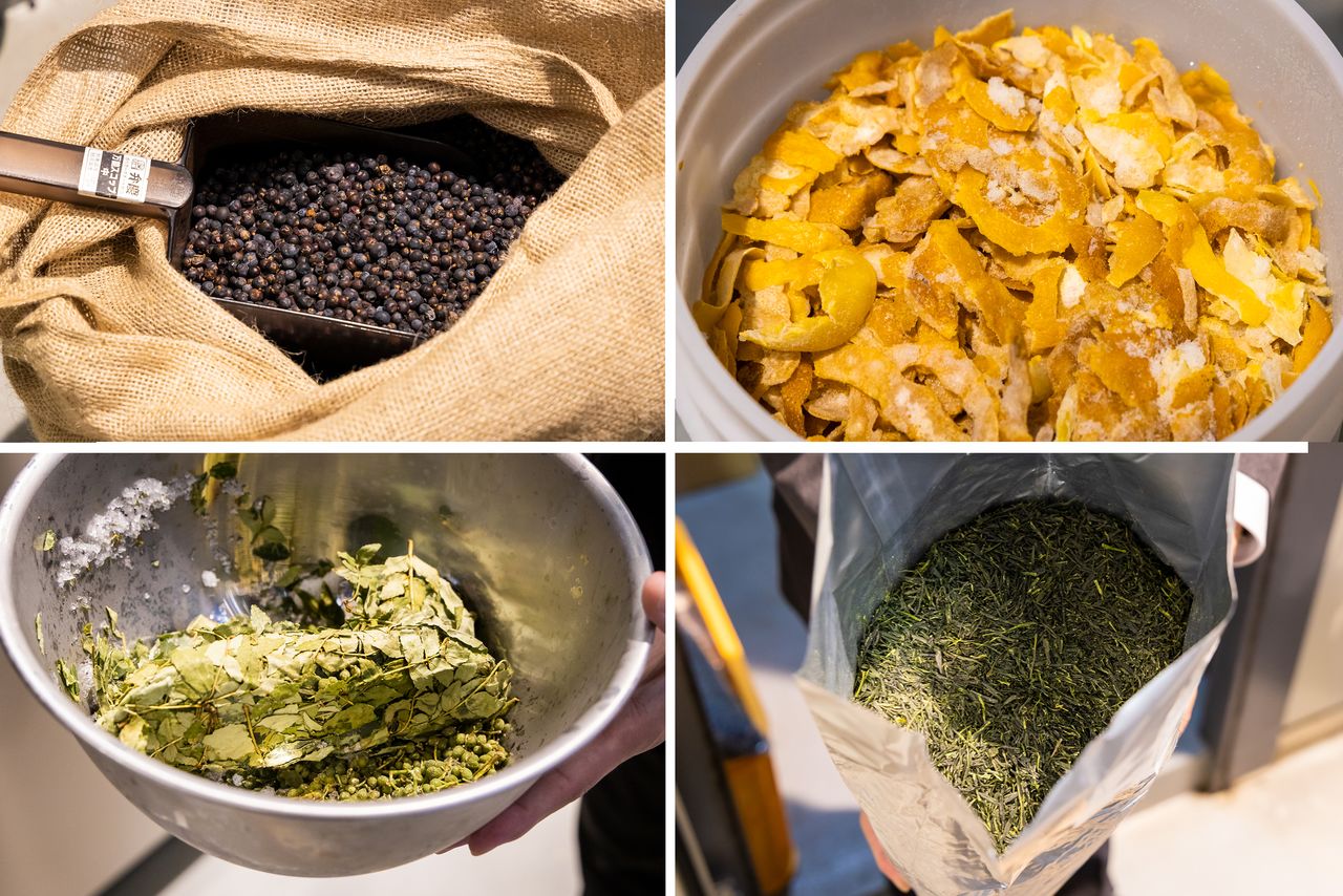 The juniper berries (top left) come from Macedonia and the yuzu (top right) from Kyoto, to which the distillers add Japanese-grown lemons (bottom left), and Kyoto-grown sanshō. They add kinome (bottom right) for spice since using sanshō alone would be overpowering. The gyokuro tea comes from a historic tea shop.
