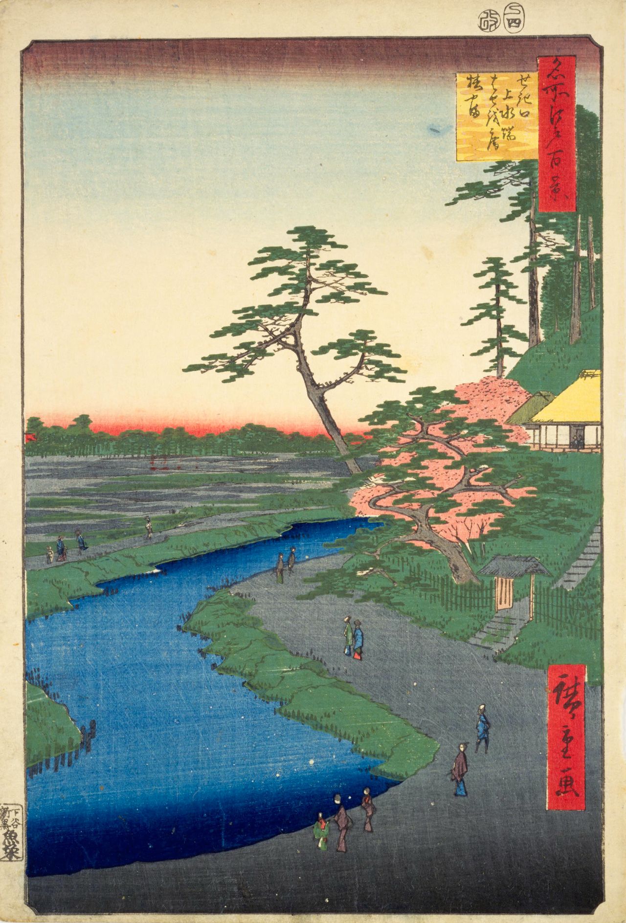 “Bashō's Hermitage on Camellia Hill Beside the Aqueduct at Sekiguchi” by Utagawa Hiroshige. The spot near Hotel Chinzansō Tokyo, called Sekiguchi Bashō-an, still exists today. (Courtesy National Diet Library)