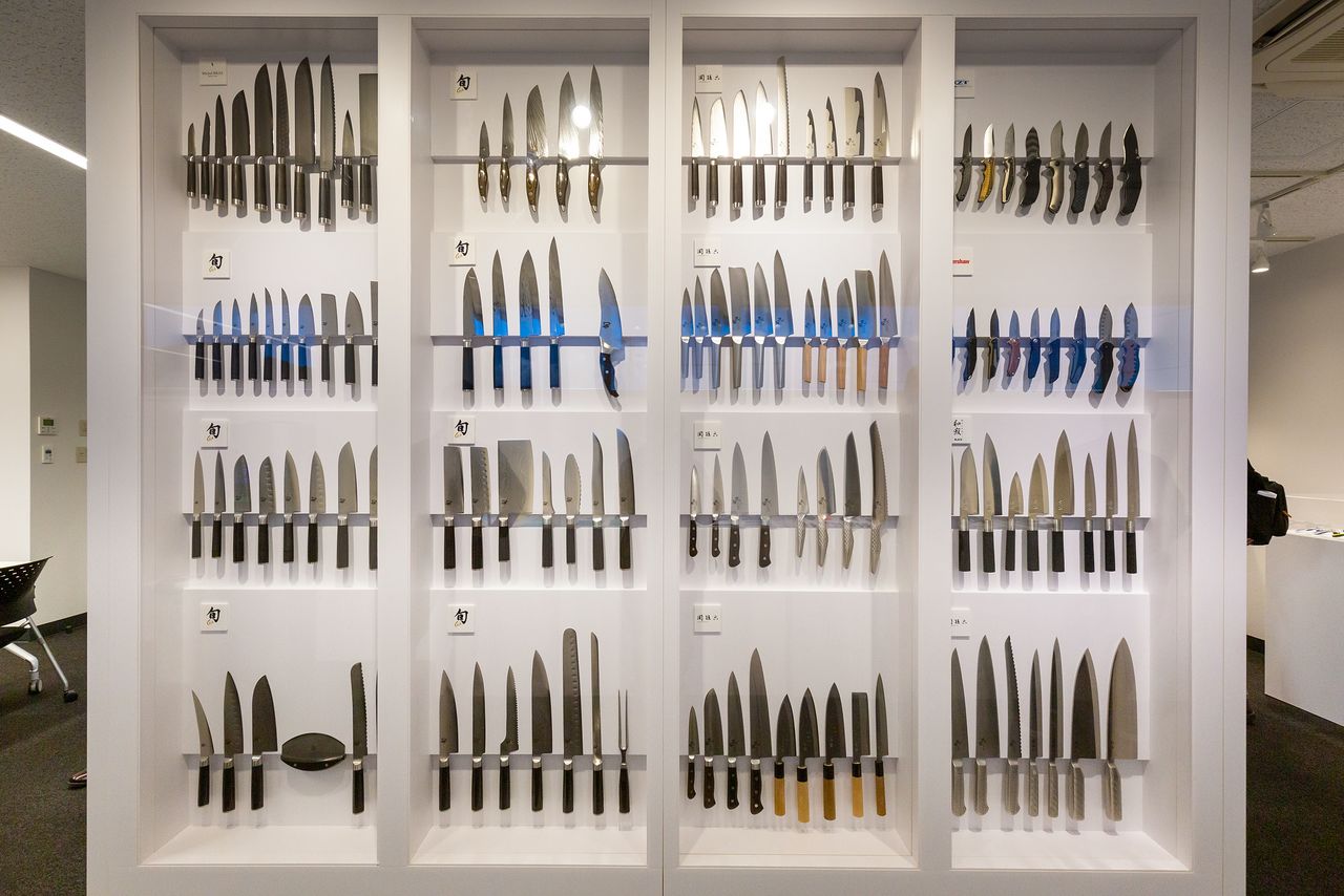 A display of items from Kai’s two major kitchen knife brands, Seki Magoroku and Shun.