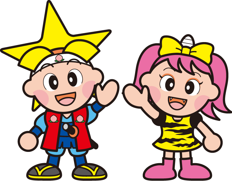 Okayama’s official mascots Momocchi and Uracchi are based on characters from the folktale Momotarō. (Momocchi and Uracchi © Okayama Prefecture)