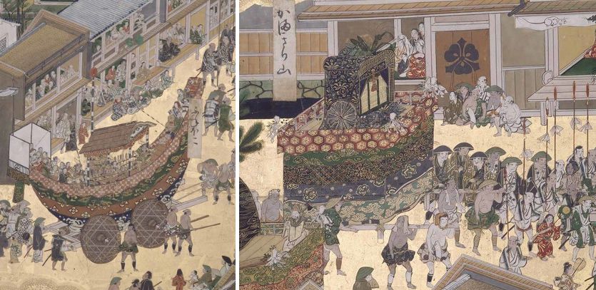 Images of yamahoko floats from the seventeenth century decorated much the same as modern ones. Taken from the Gionseireizu byōbu (Scenes of the Gion Festival). (Courtesy Kyoto National Museum)