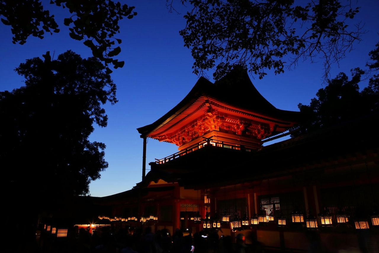 The shrine is enveloped in a phantasmagorical atmosphere during Mantōrō. (© Matsui Yoshihiro)