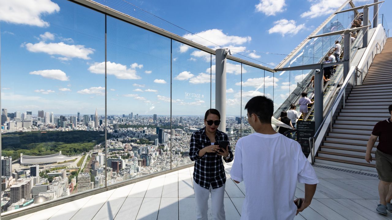 Visitors exiting to the outdoor area are met by a stunning view of Tokyo.