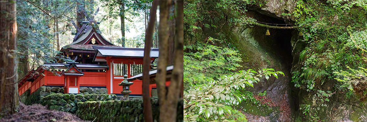 Ryūketsu Shrine’s main hall (left) and the Kisshō Ryūketsu, which is a 30-minute walk up the mountain. (Courtesy Murō Ryūketsu Shrine)