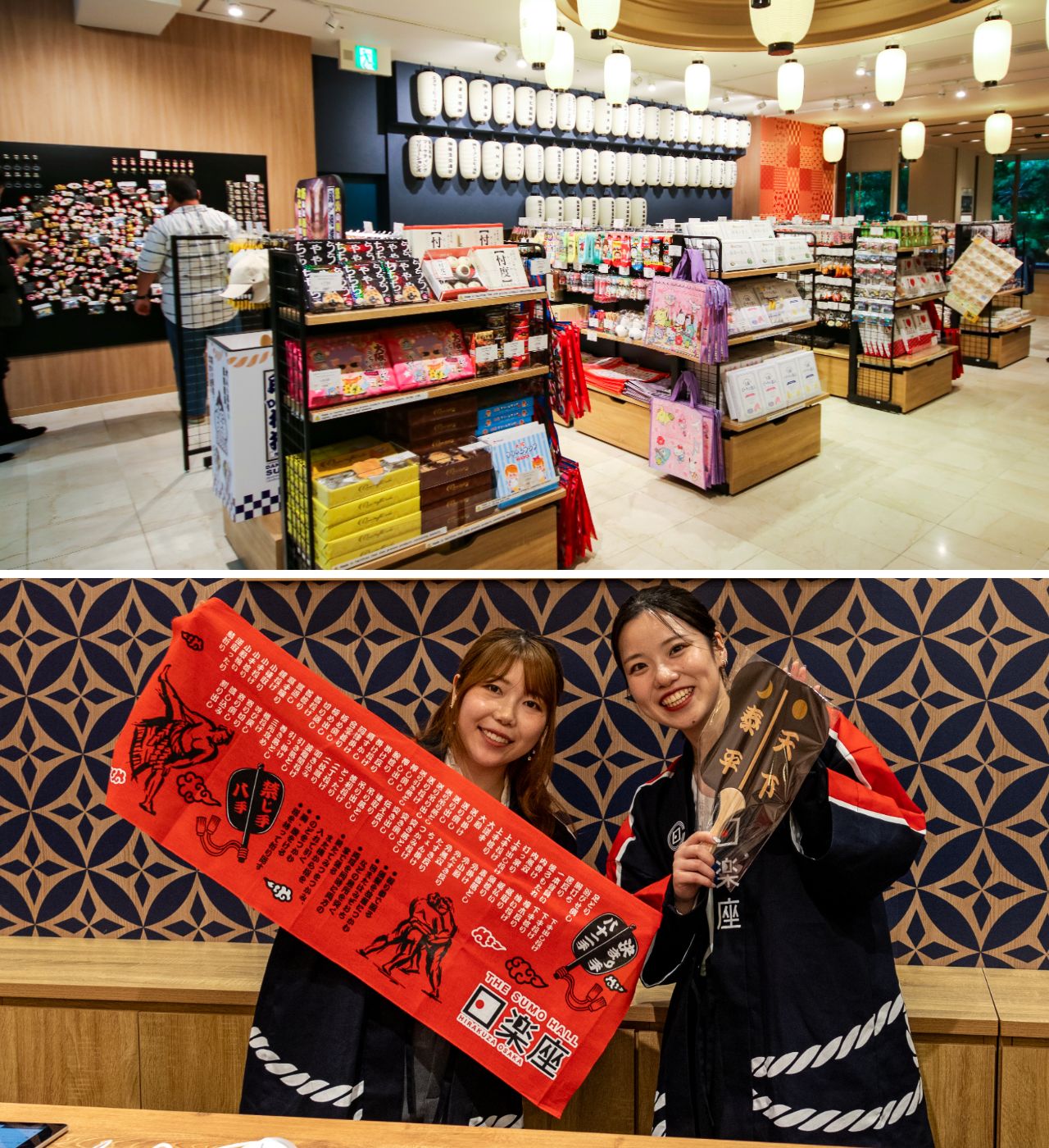 The gift shop is open to the public from 11 am. Tenugui hand towels showing various winning moves are a popular item. (© Nippon.com)