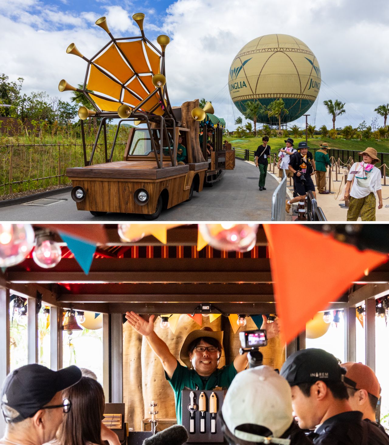 The large park is serviced by the Tam Tam Tram, a trolley-style loop bus. The upbeat rhythm on board adds to the tropical resort vibe. (© Nippon.com)