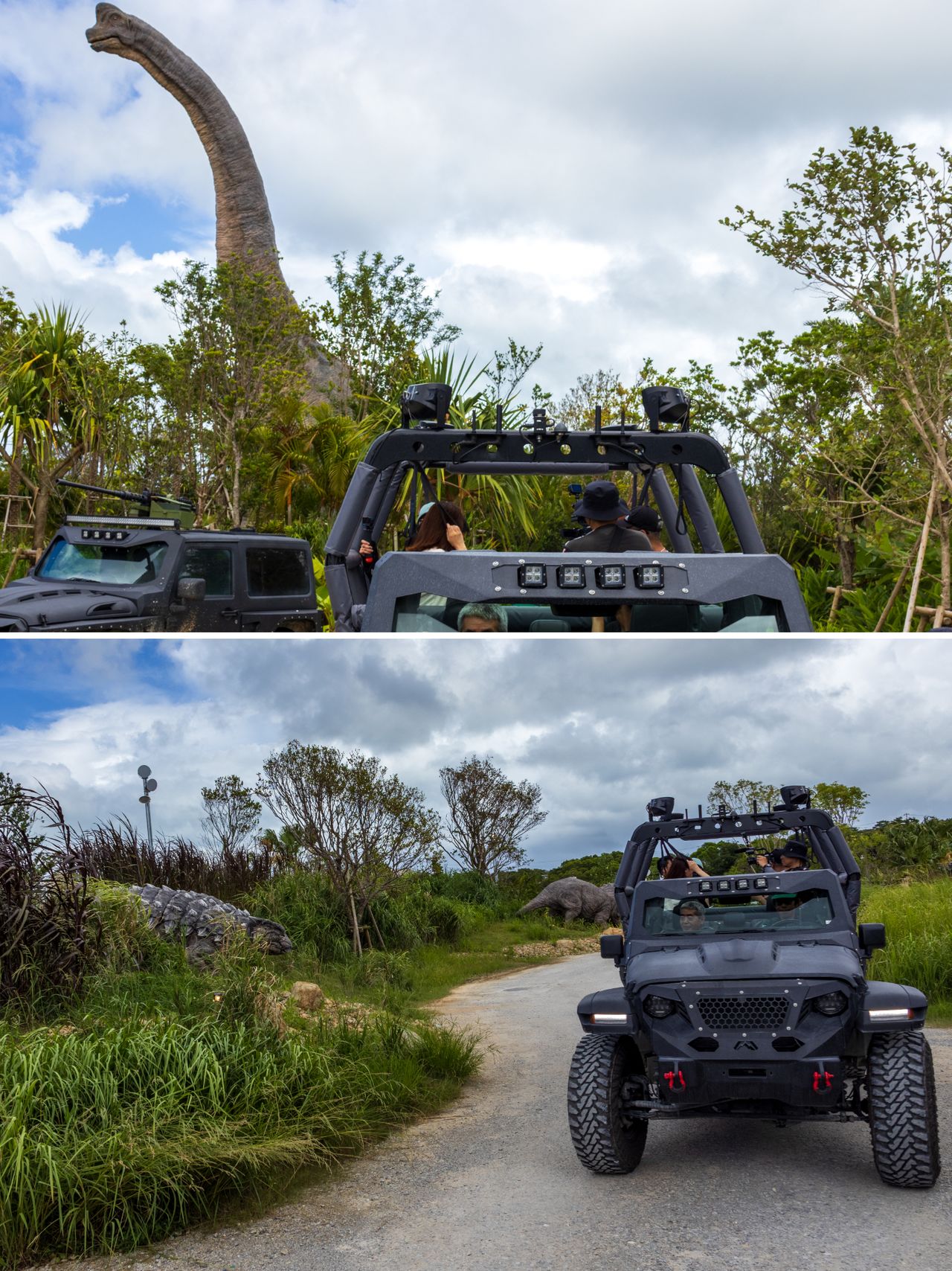 Become part of an expedition team on a dinosaur safari. Ride beneath the towering Brachiosaurus (top) and brace for a T-Rex ambush. (© Nippon.com)