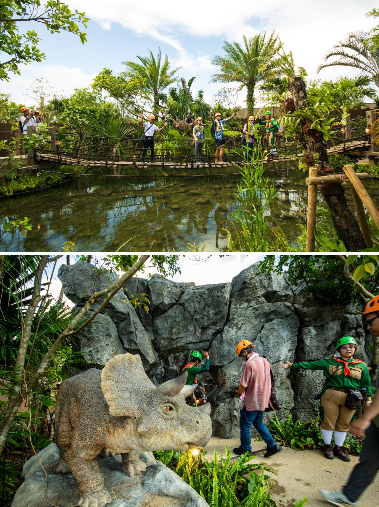 The course features rope bridges, caverns, and even a hand-pushed trolley for an immersive adventure. (© Nippon.com)