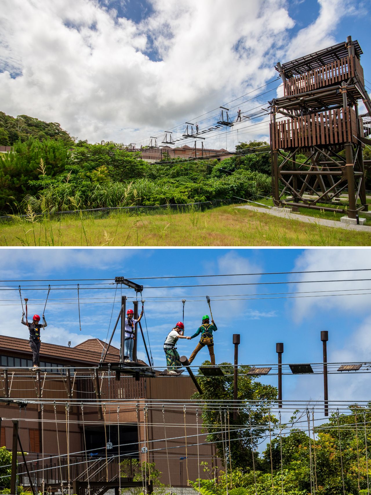 A heart-pounding zipline ride, where some nervous trekkers may cling to the guides known as “navigators.” (© Nippon.com)