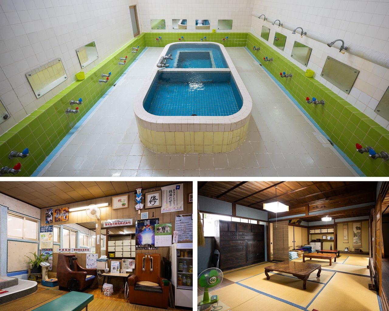 Clockwise from the top: the bathing areas with its centrally located bathtub; the second-floor tatami room, which serves as a local meeting spot; the dressing rooms offer an old-time feel. (© Nippon.com)