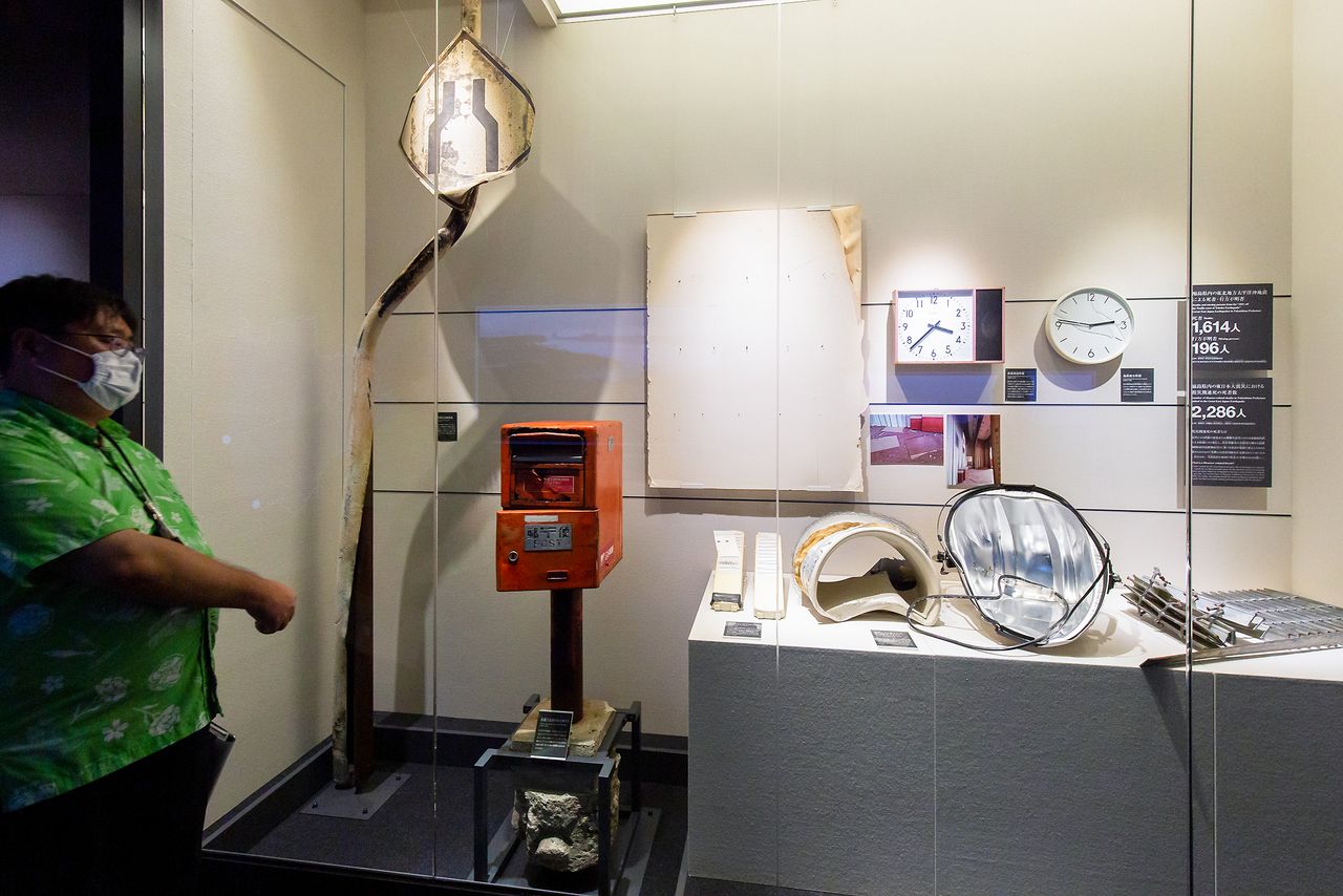 Relics of the disaster on display. The hands of the clock at right are frozen at the exact moment of the earthquake, while that those on clock at left mark the moment the tsunami hit. 