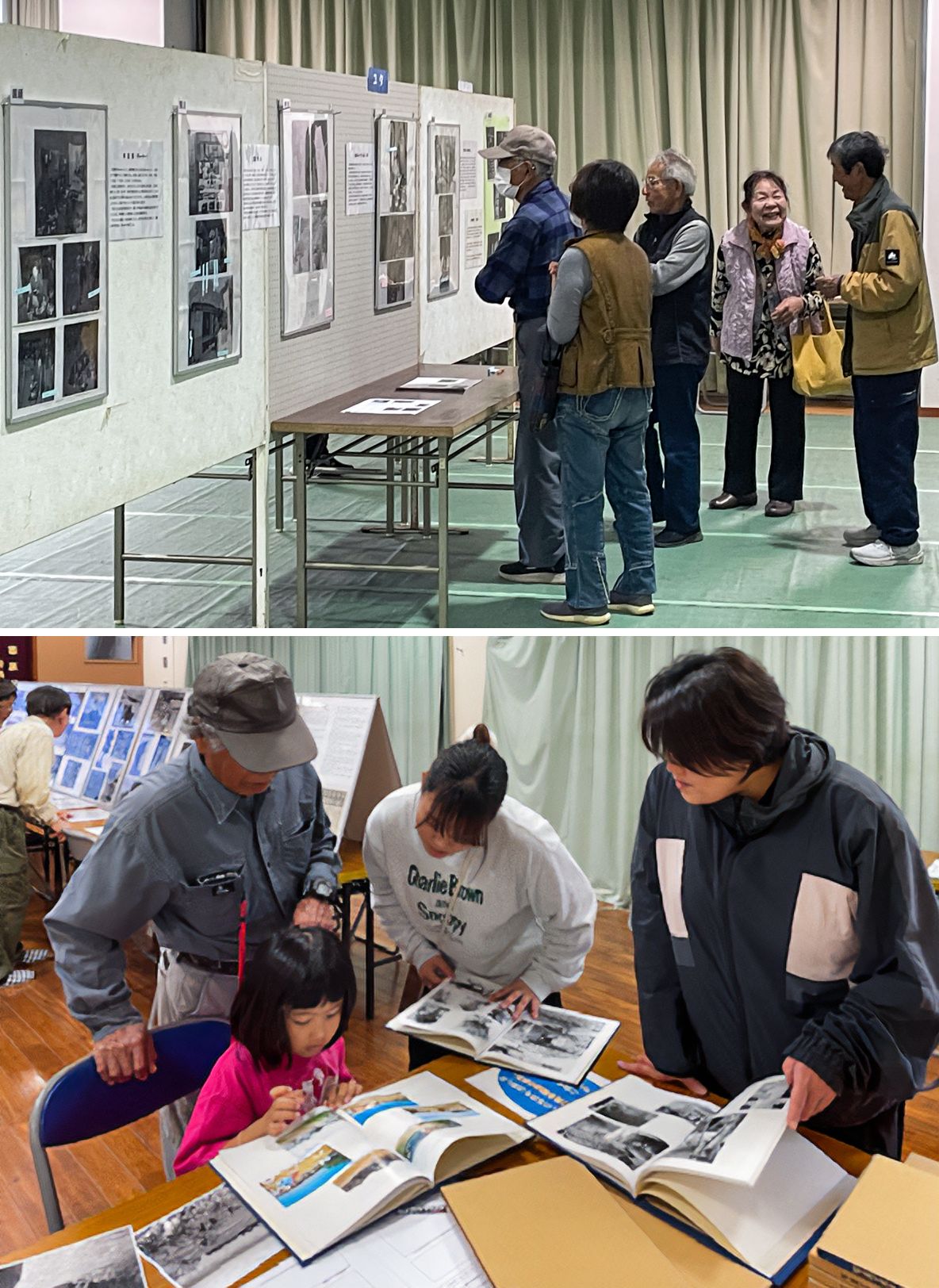 Visitors of all ages perused the photos and materials at the exhibition. (Courtesy Wadomari Board of Education)