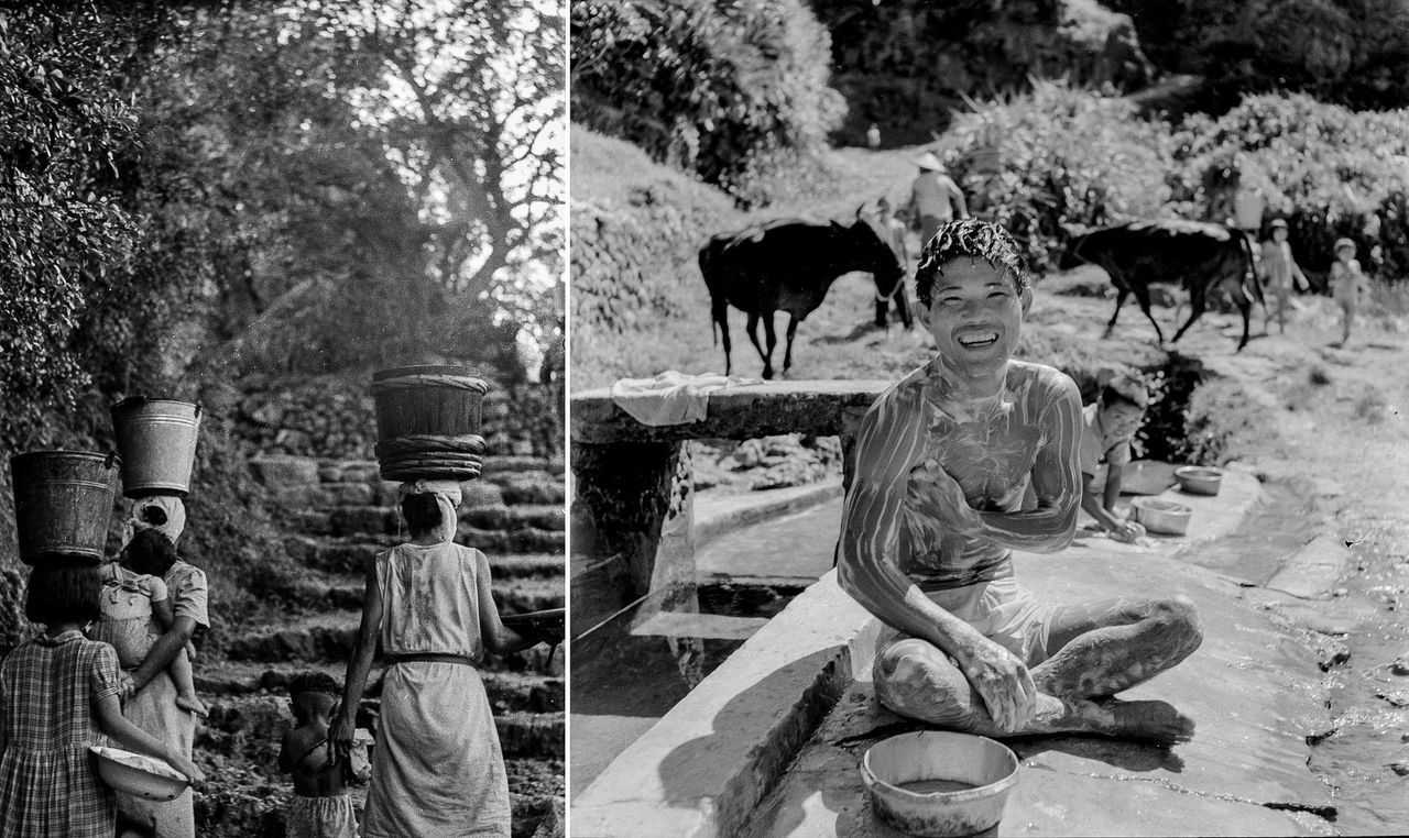 Left: Women bearing buckets on their heads ascend the stone stairs out of the pitch-dark Sumiyoshi Kuragō limestone cave. Right: Wanjo, one of the island’s spring-fed ponds. In the days before piped-in water, springs like these were the islanders’ source of water. (© Haga Hideo)