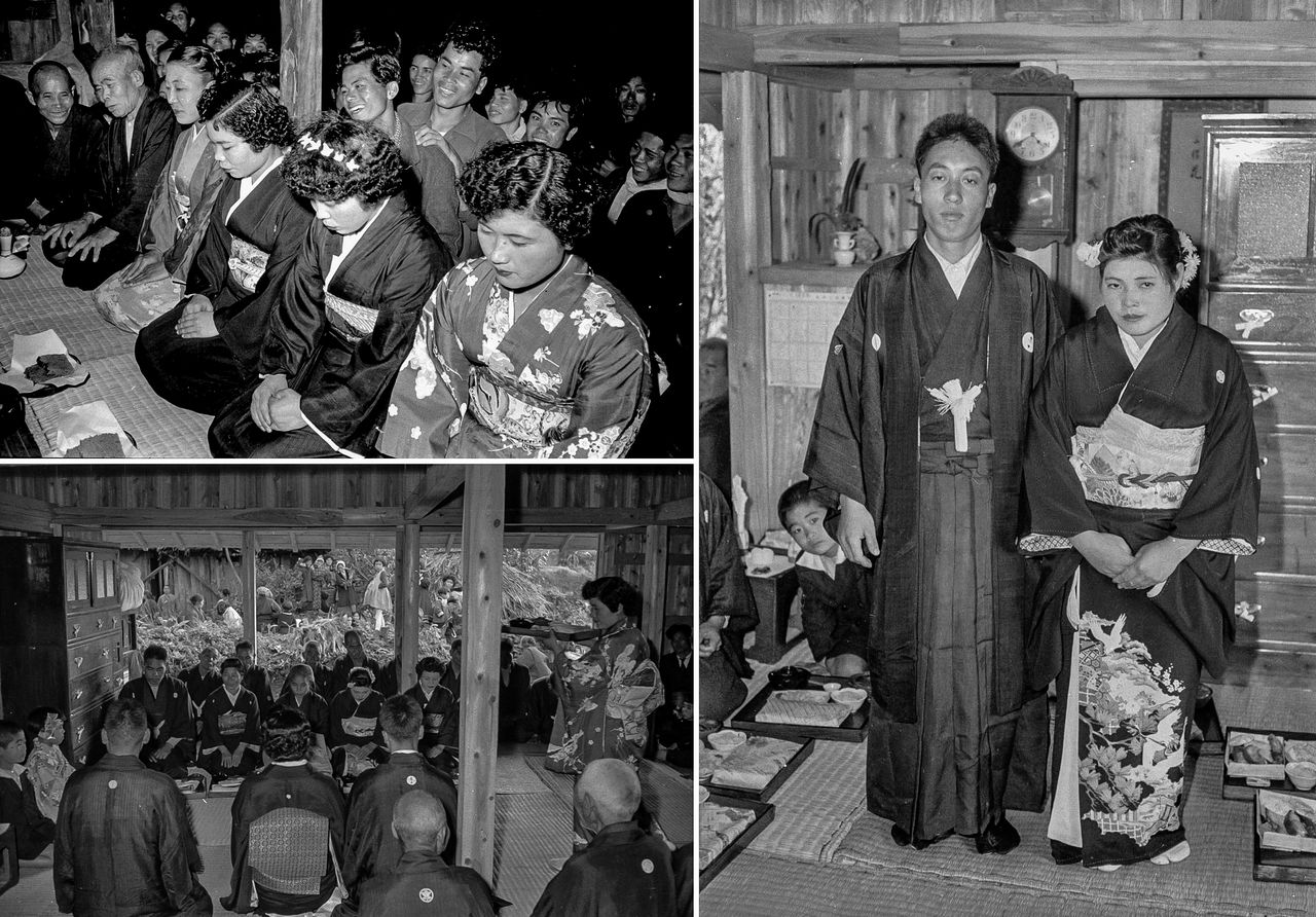 Clockwise from upper left: a yāmin betrothal ceremony, newlyweds, and a crowd attending the celebratory occasion. (© Haga Hideo)