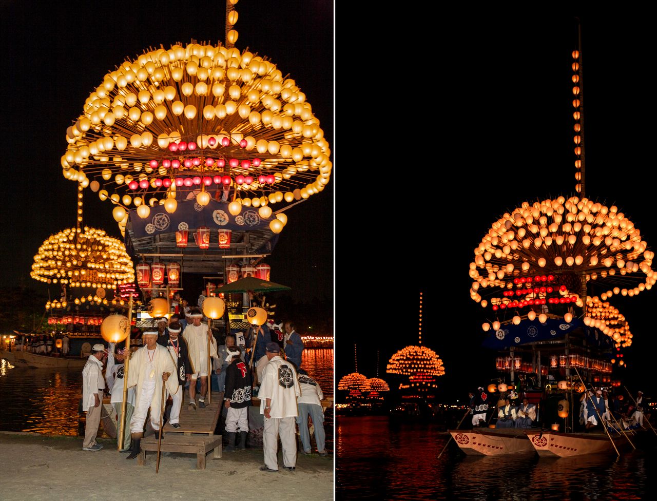 The boats are decorated with lanterns arranged in a semi-spherical shape. (© Haga Library)