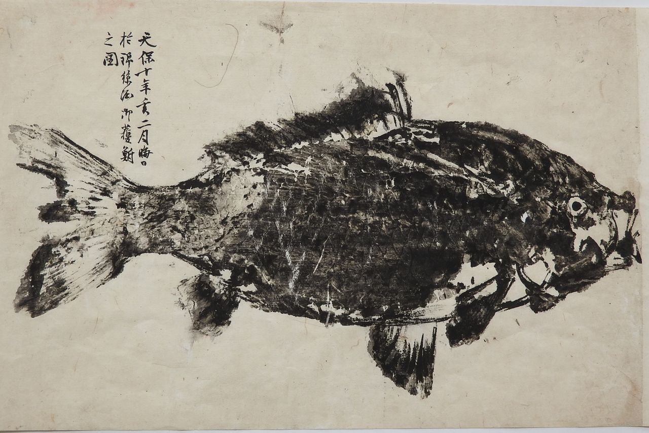 This gyotaku is entitled Kinshibori no funa (Crucian Carp from the Kinshibori Canal). It has been dated to 1839, making it the oldest know gyotaku in Japan. (Courtesy Tsuruoka City Museum of Local History)