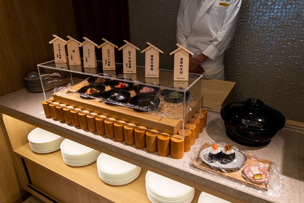 Breakfast buffet of onigiri rice balls. Guests can choose from a variety of delicious fillings ranging from conventional salmon and cod roe to Asakusa tsukudani, a fish-based paste, and other local specialties.