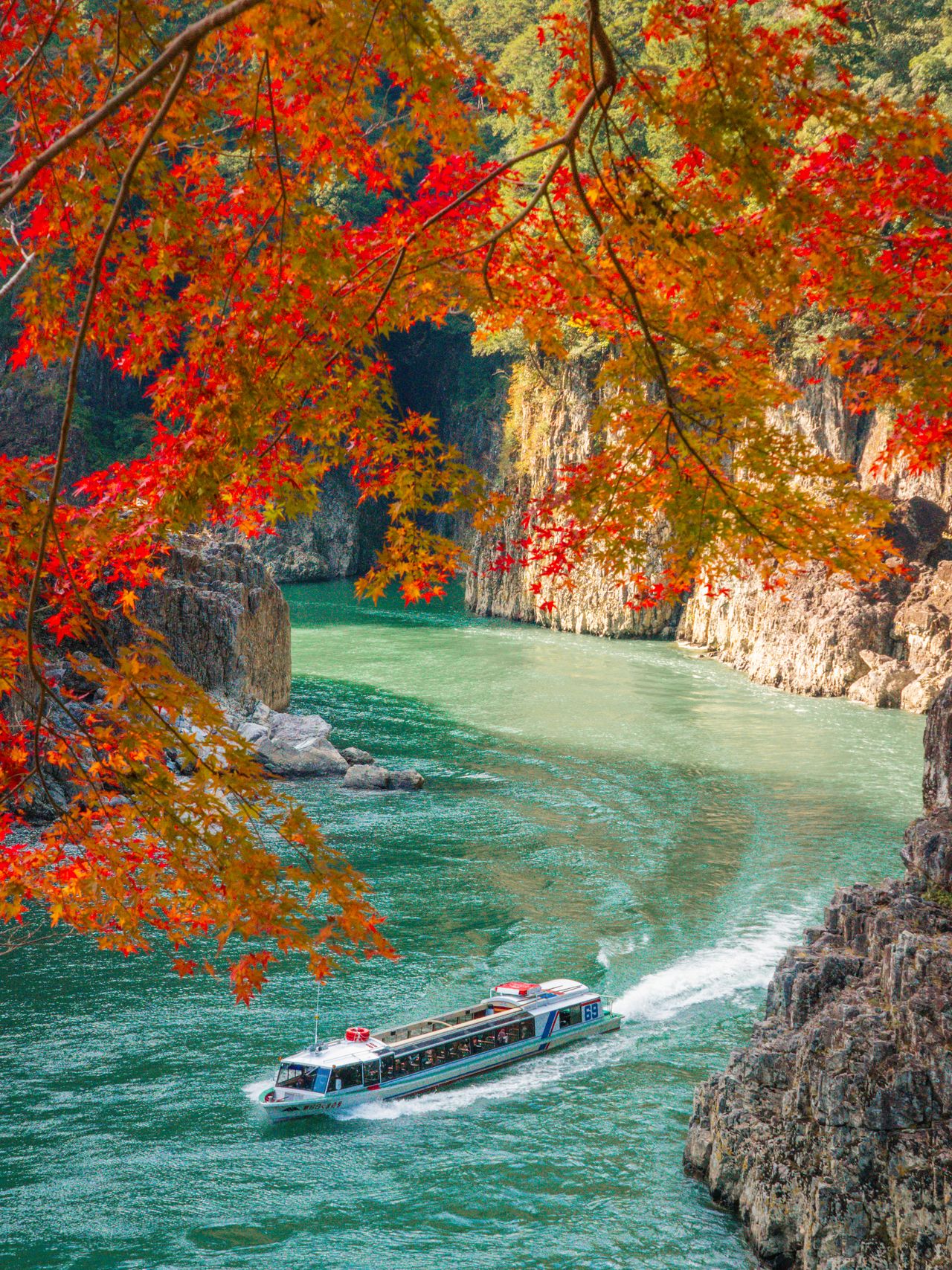 Tour boat and autumn foliage at Doro Gorge. (Courtesy Wakayama Tourism Federation)