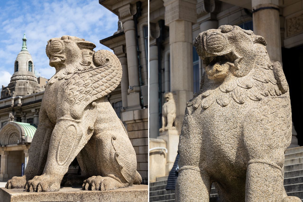 Winged shishi guarding the front of the temple are depicted expressing the sacred utterance Aum.