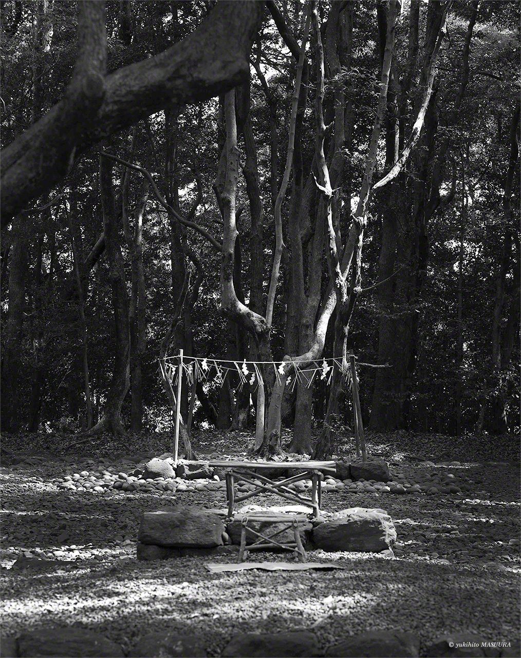 The Takamiya ceremony site, in the rear of Hetsumiya’s vast grounds. The open-air site, said to be where Ichikishimahime alighted to Earth, exemplifies Japan’s ancient form of indigenous worship. (© Masuura Yukihito)