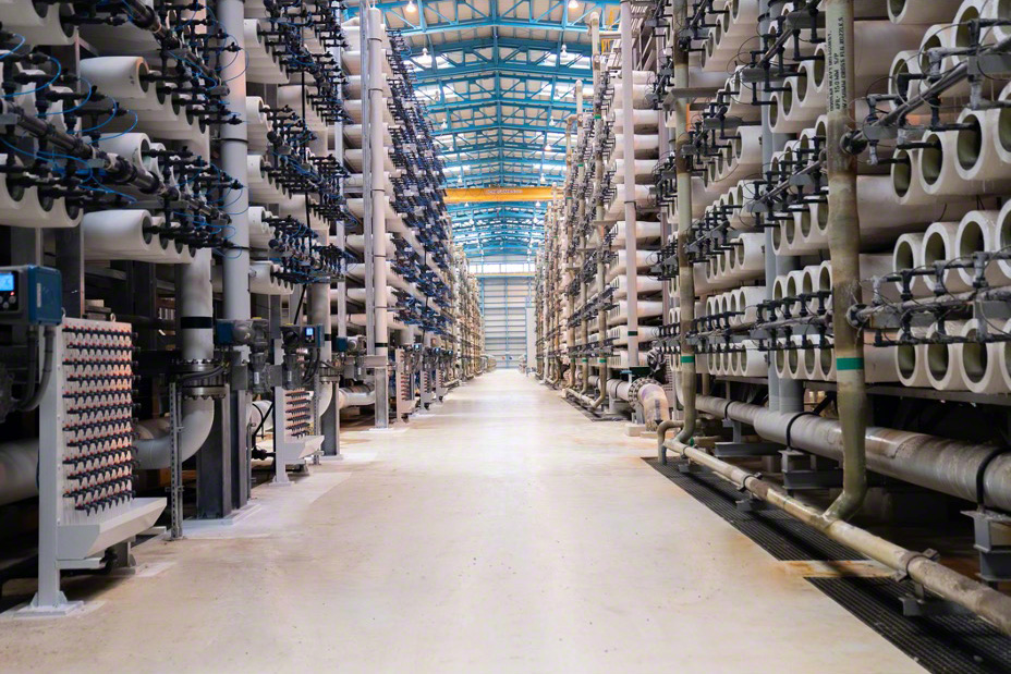 Tubular desalination modules installed in a desalination plant on the west coast of Saudi Arabia. They contain reverse osmosis membranes that remove the salt from seawater. (Courtesy Saline Water Conversion Corporation of the Kingdom of Saudi Arabia)