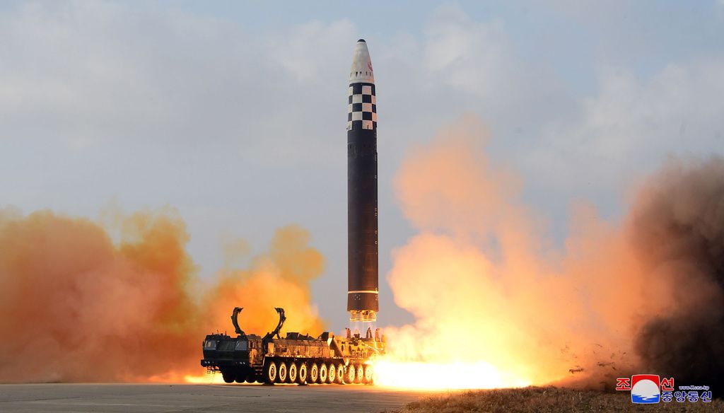 Photo of a test launch of the Hwasongpho-17 ICBM on November 18, 2022, distributed by the Korean Central News Agency. (© Korea News Service/Kyōdō)