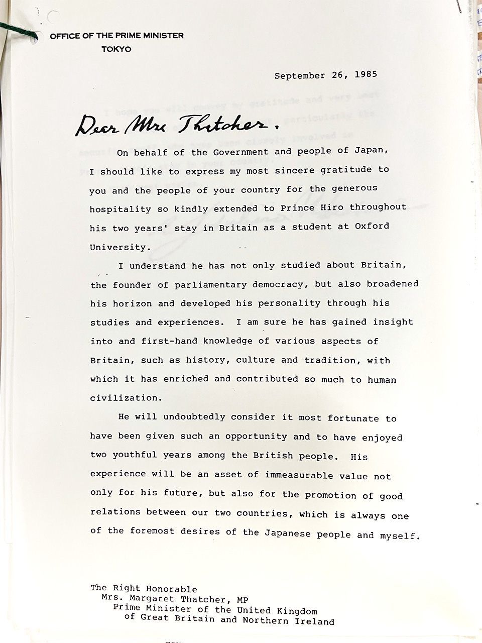 Page 1 of Prime Minister Nakasone’s letter to Prime Minister Thatcher. (Courtesy of the British National Archives; photo by author)