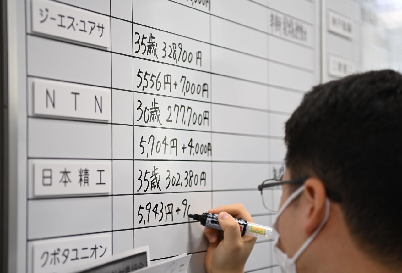 A member of the Japan Council of Metalworkers’ Unions recording replies to spring wage offensive negotiations. Will large wage increases continue in 2024? (© Jiji)