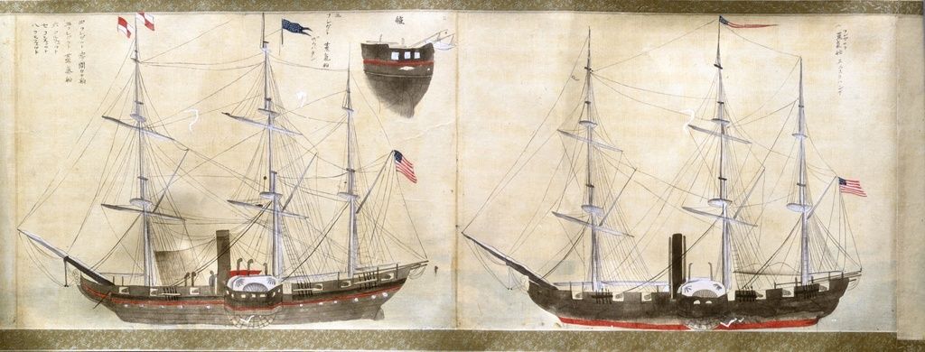 A contemporary print shows two of Perry’s “black ships.” (© Kyōdō)
