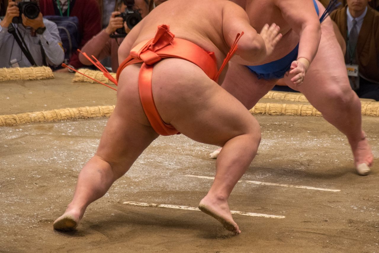 Wrestlers battle on the sacred dohyō. (© Pixta)