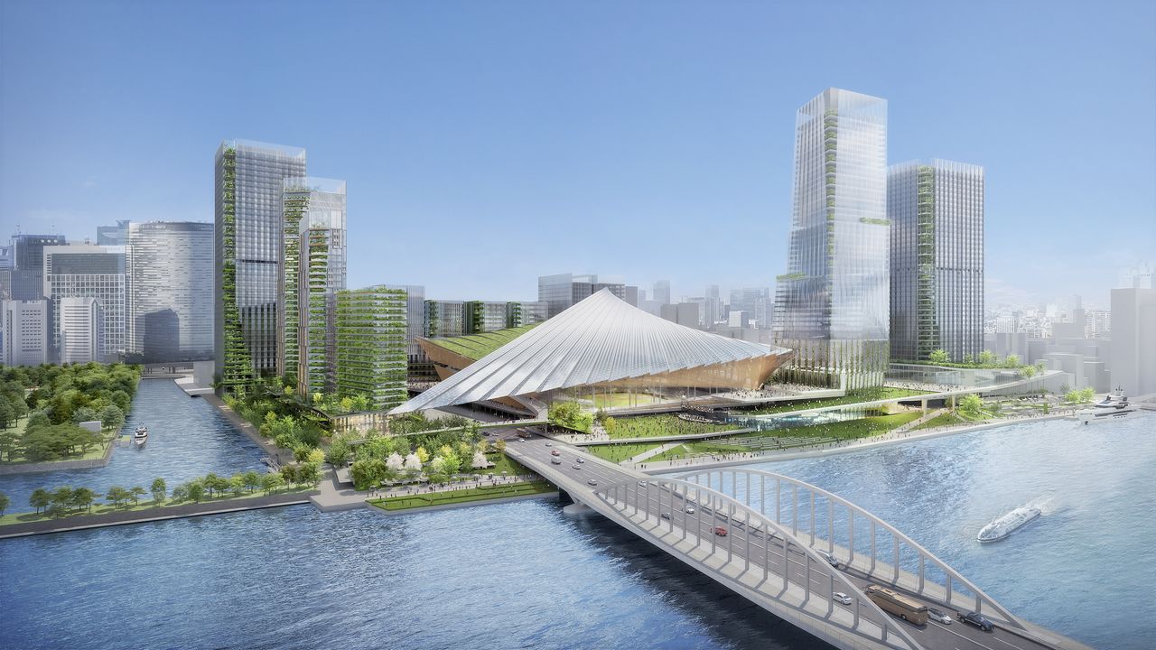 Concept image of the Tsukiji Market redevelopment plan, which calls for a new indoor stadium. (© Mitsui Fudōsan via Jiji)