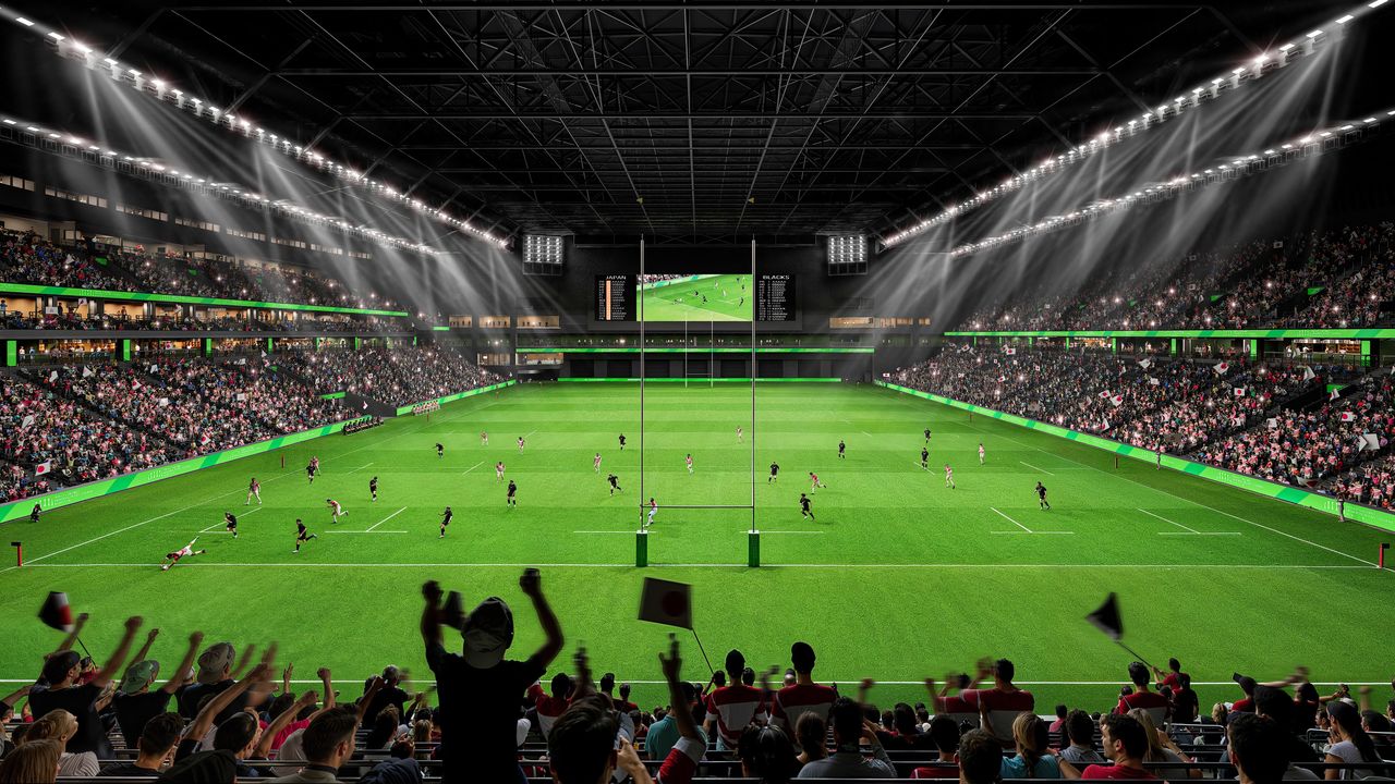 Rendering of the new Chichibunomiya Rugby Stadium, which will also be called SMBC Olive Square. (© Mitsui Fudōsan via PR Times)