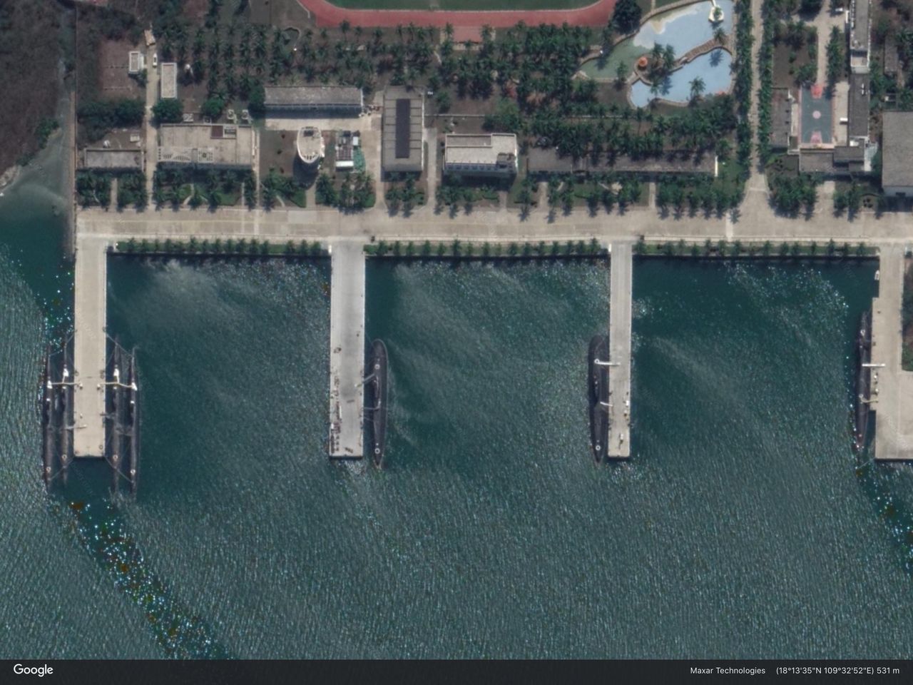 A Chinese submarine docks at Yulin Harbor on China’s Hainan Island in the northern South China Sea.