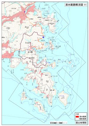 A map showing the extent of flooding in and around Onagawa.