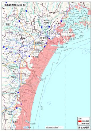A map showing the extent of flooding in and around Matsushima and Shiogama.